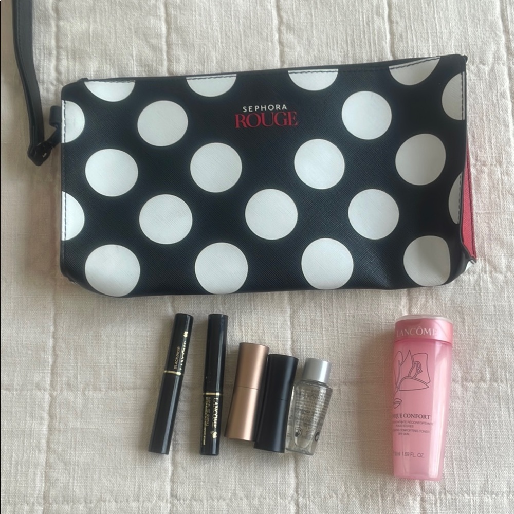 Sephora Rouge Polka Dot Makeup Bag with Beauty Products from Lancome